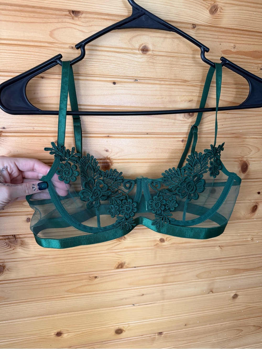 Sheer Floral Appliqué Green Bralette - Women Intimates
